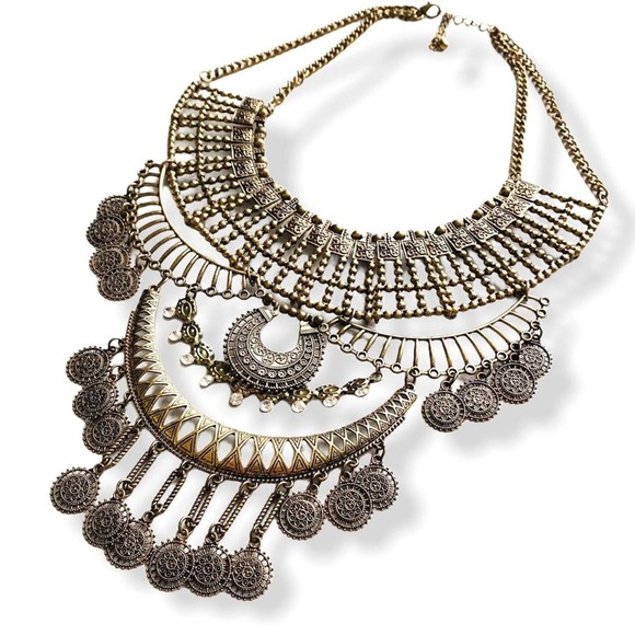 Boho Metal Statement Bib Necklace Burnished Gold Mutli-Dangle Large - Picture 2 of 7